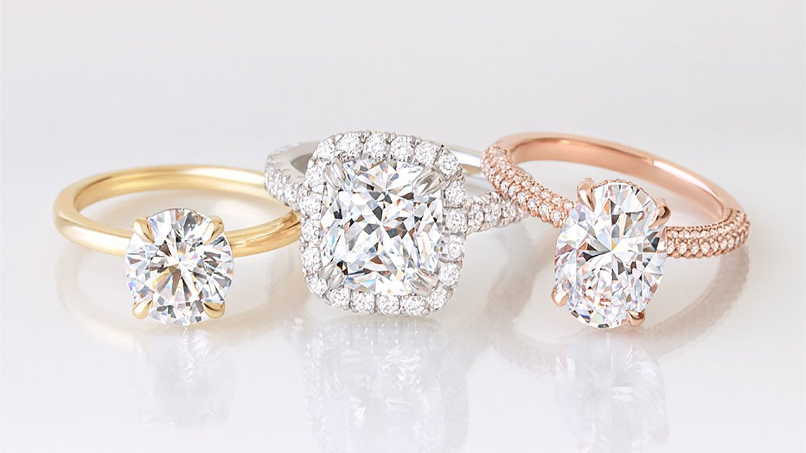 Yellow gold, white gold, and rose gold diamond engagement rings.
